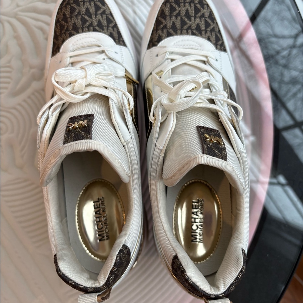 Michael Kors Georgie Cream and Brown Logo Sneakers - Picture 3 of 6